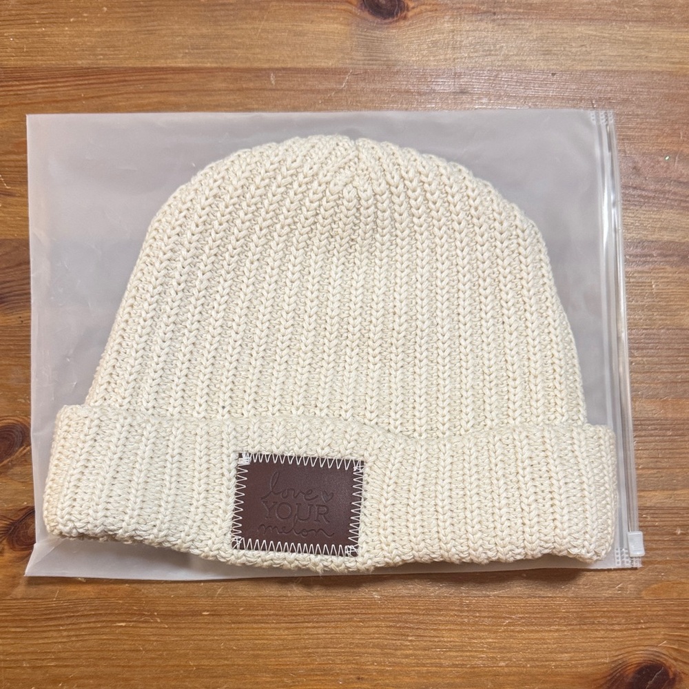 Love your Melon Cream Knit Beanie with Brown Patch